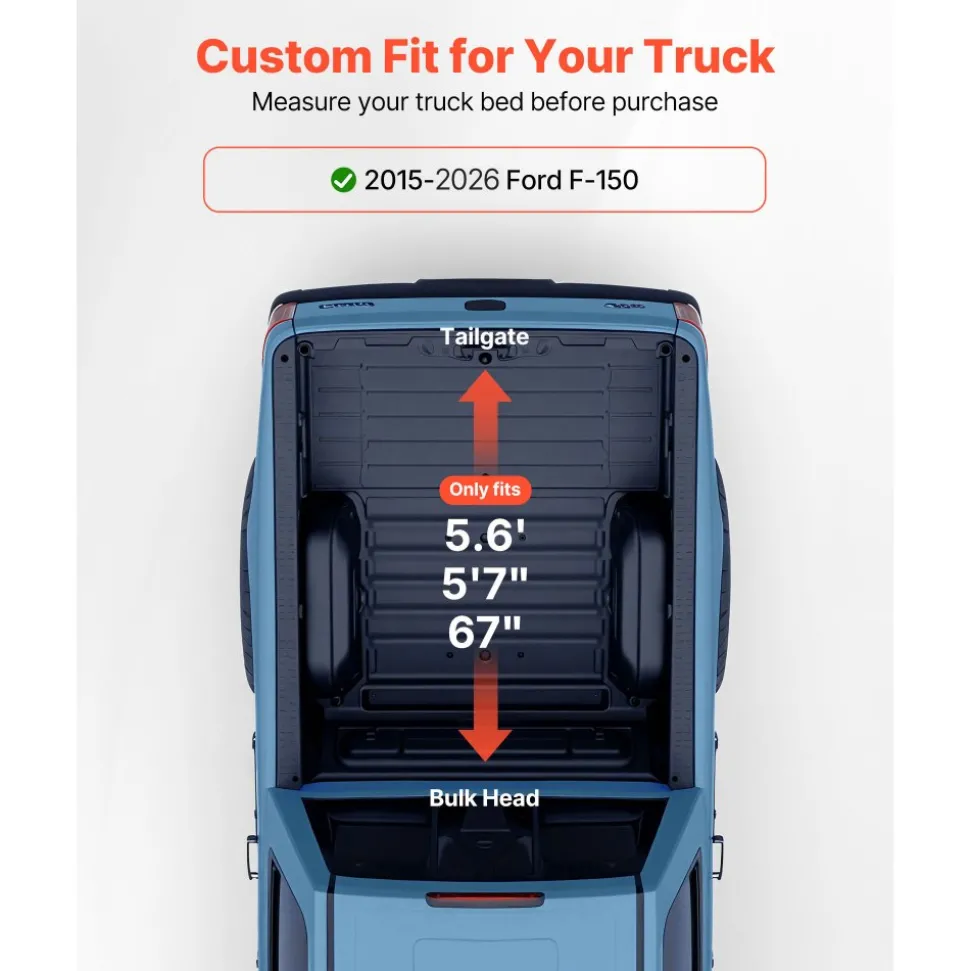 VEVOR Soft Roll-Up Truck Bed Tonneau Cover, Compatible with 2015-2026 Ford F-150, Fits 5.6 ft (5 ft 7 in/67 in) Bed, Triple-Layer Heavy-Duty PVC Tonneau Cover with Three Aluminum Alloy Support Bars