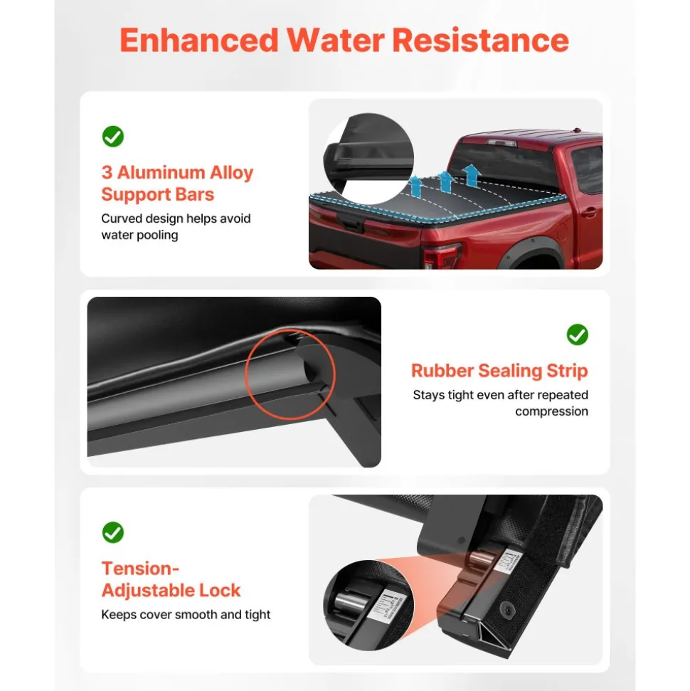 VEVOR Soft Roll-Up Truck Bed Tonneau Cover, Compatible with 2017-2026 Honda Ridgeline, Fits 5 ft (5 ft 4 in/64 in) Bed, Triple-Layer Heavy-Duty PVC Tonneau Cover with Three Aluminum Alloy Support Bars