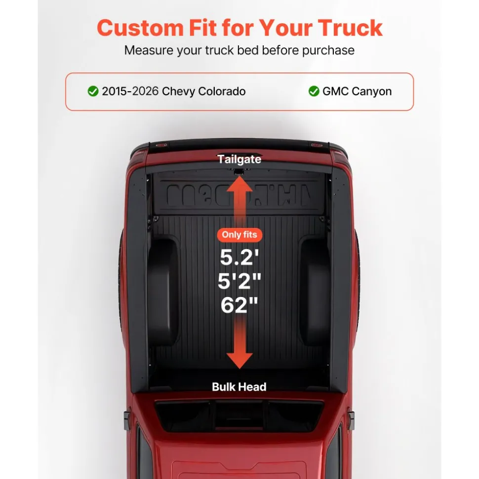 VEVOR Soft Roll-Up Truck Bed Tonneau Cover, Compatible with 2015-2026 Chevy Colorado/GMC Canyon CREW SHOR, Fits 5.2 ft (5 ft 2 in/62 in) Bed, PVC Tonneau Cover with Three Aluminum Alloy Support Bars