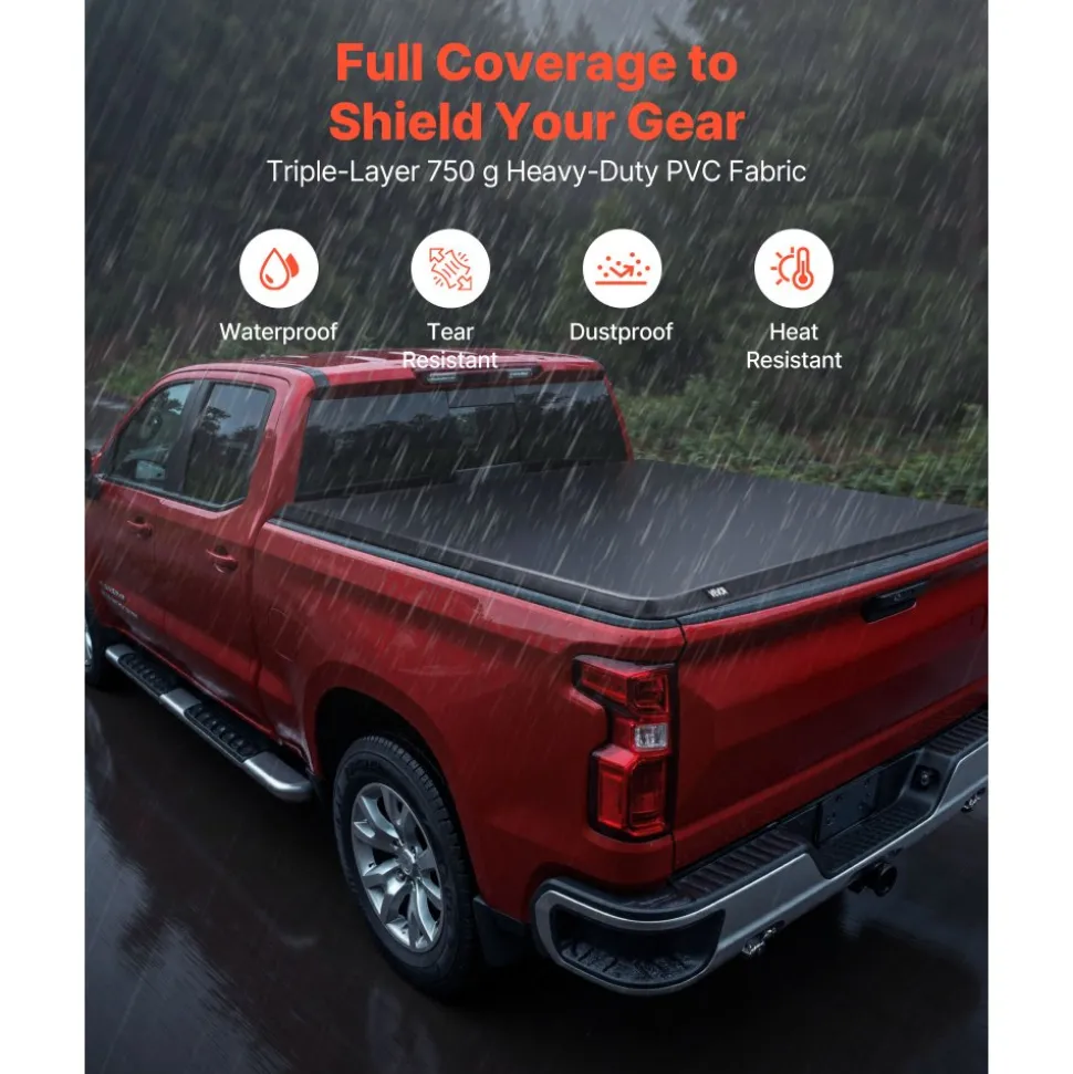 VEVOR Soft Roll-Up Truck Bed Tonneau Cover, Compatible with 2019-2026 Chevy Silverado/GMC Sierra 1500 New Body, Fits 5.8 ft (5 ft 9 in/69.3 in) Bed, PVC Tonneau Cover with Aluminum Alloy Support Bars