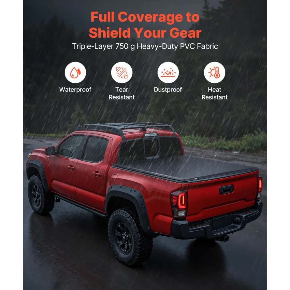 VEVOR Soft Roll-Up Truck Bed Tonneau Cover, Compatible with 2024-2026 Toyota Tacoma (Excl. Trail Edition) with Deck Rail System, Fits 5 ft (60 in) Bed, PVC Tonneau Cover with Three Aluminum Alloy Bars