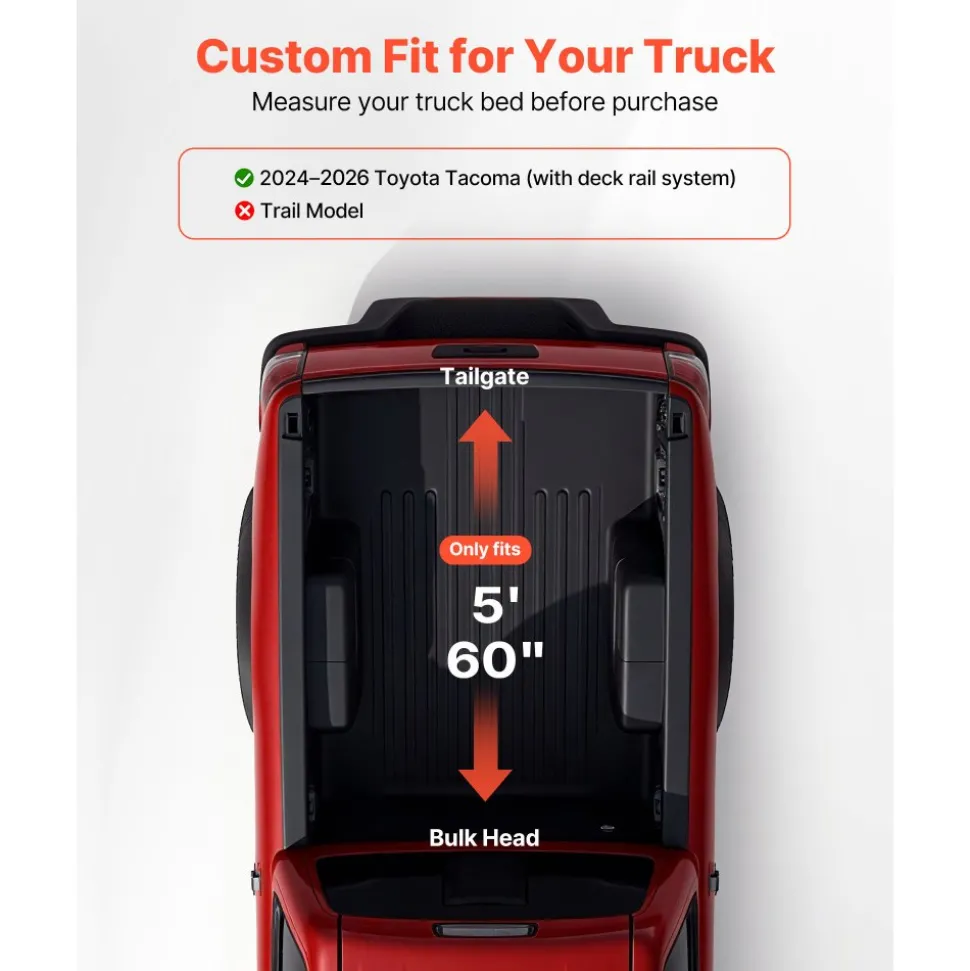 VEVOR Soft Roll-Up Truck Bed Tonneau Cover, Compatible with 2024-2026 Toyota Tacoma (Excl. Trail Edition) with Deck Rail System, Fits 5 ft (60 in) Bed, PVC Tonneau Cover with Three Aluminum Alloy Bars