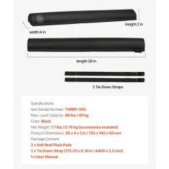 VEVOR Soft Roof Rack Pads, 28" Universal Car Roof Rack Pads for Various Crossbars, 88LBS Load Capacity Luggage Kayak Carrier with 2 Tie Down Straps for SUPs Canoes Snowboards Paddle Boards
