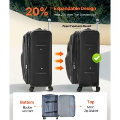 VEVOR Softside Expandable Luggage with Spinner Wheels, 28-Inch Softside Checked Large Luggage, Lightweight Checked Suitcase with Expandable Zippered Pocket and TSA Lock, Black