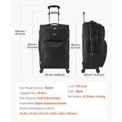 VEVOR Softside Expandable Luggage with Spinner Wheels, 28-Inch Softside Checked Large Luggage, Lightweight Checked Suitcase with Expandable Zippered Pocket and TSA Lock, Black