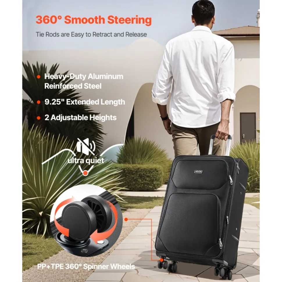 VEVOR Softside Expandable Luggage with Spinner Wheels, 28-Inch Softside Checked Large Luggage, Lightweight Checked Suitcase with Expandable Zippered Pocket and TSA Lock, Black