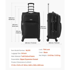 VEVOR Softside Expandable Luggage with Spinner Wheels, 24-Inch Softside Checked Medium Luggage, Lightweight Checked Suitcase with Expandable Zippered Pocket and TSA Lock, Black