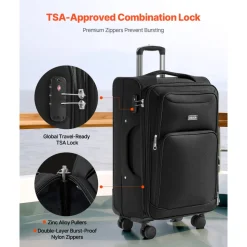 VEVOR Softside Expandable Luggage with Spinner Wheels, 24-Inch Softside Checked Medium Luggage, Lightweight Checked Suitcase with Expandable Zippered Pocket and TSA Lock, Black