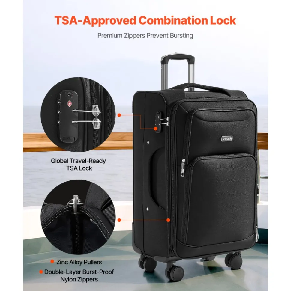 VEVOR Softside Expandable Luggage with Spinner Wheels, 24-Inch Softside Checked Medium Luggage, Lightweight Checked Suitcase with Expandable Zippered Pocket and TSA Lock, Black