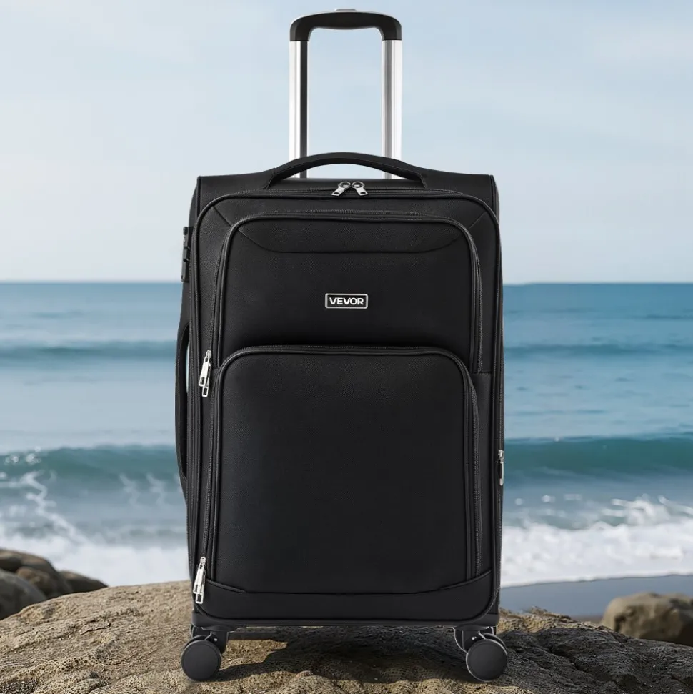 VEVOR Softside Expandable Luggage with Spinner Wheels, 24-Inch Softside Checked Medium Luggage, Lightweight Checked Suitcase with Expandable Zippered Pocket and TSA Lock, Black