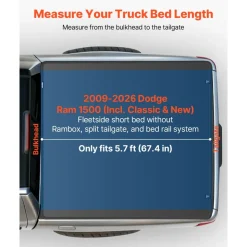 VEVOR Soft Tri-Fold Truck Bed Tonneau Cover, Compatible with 2009-2026 Dodge Ram 1500 (Incl. Classic & New) 5.7 ft (67.4 in) Bed, Fleetside Without Rambox, Split Tailgate, and Track System, Waterproof