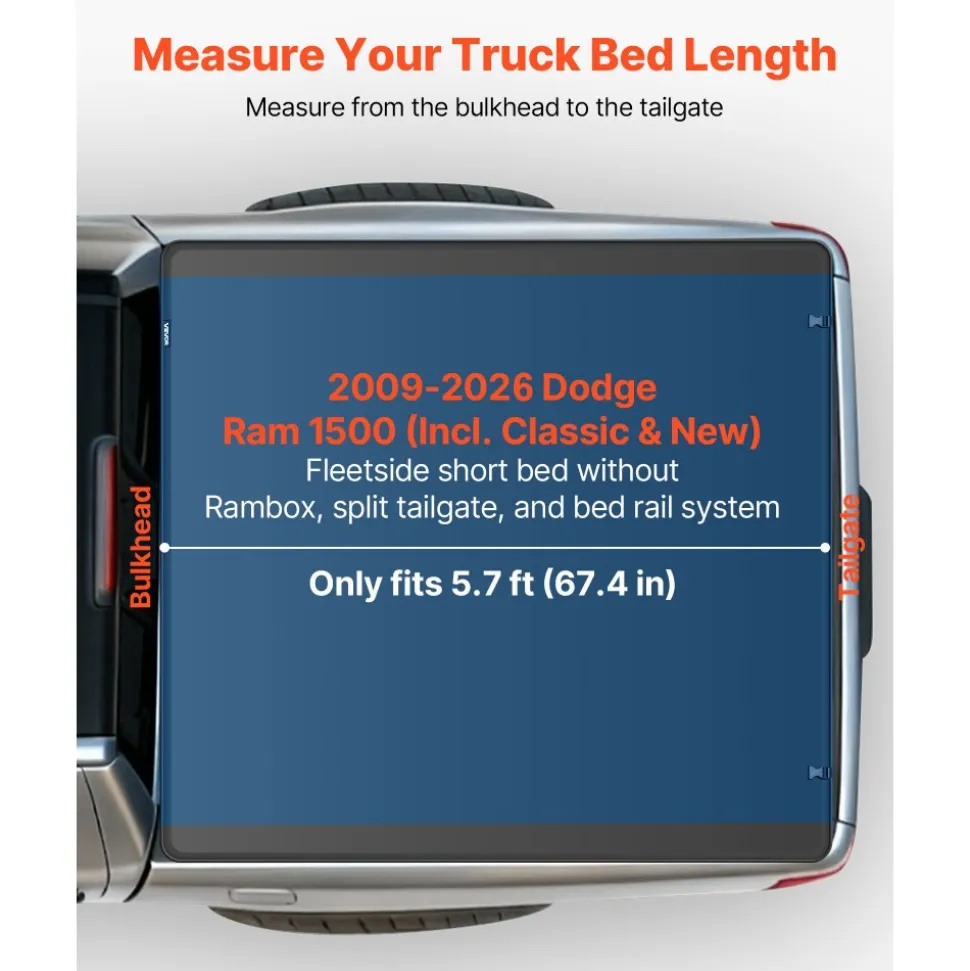 VEVOR Soft Tri-Fold Truck Bed Tonneau Cover, Compatible with 2009-2026 Dodge Ram 1500 (Incl. Classic & New) 5.7 ft (67.4 in) Bed, Fleetside Without Rambox, Split Tailgate, and Track System, Waterproof