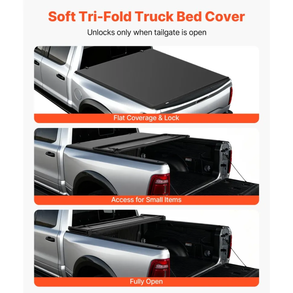 VEVOR Soft Tri-Fold Truck Bed Tonneau Cover, Compatible with 2009-2026 Dodge Ram 1500 (Incl. Classic & New) 5.7 ft (67.4 in) Bed, Fleetside Without Rambox, Split Tailgate, and Track System, Waterproof