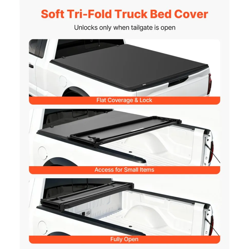 VEVOR Soft Tri-Fold Truck Bed Tonneau Cover, Compatible with 2015-2026 Ford F-150 5.5 ft (67.1 in) Bed, Waterproof Soft Folding Truck Tonneau Cover with 3-Layer PVC and Aluminum Alloy Support Bar