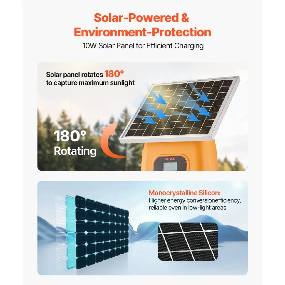 VEVOR Solar Fence Charger, 1J 10kV Solar Powered Fence Charger, 1.86 Miles Range, Electric Fence Energizer Kit, Keep Out Predators, 3 Days Runtime, for Livestock, Poultry, Garden Protection