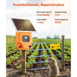 VEVOR Solar Fence Charger, 1J 10kV Solar Powered Fence Charger, 1.86 Miles Range, Electric Fence Energizer Kit, Keep Out Predators, 3 Days Runtime, for Livestock, Poultry, Garden Protection