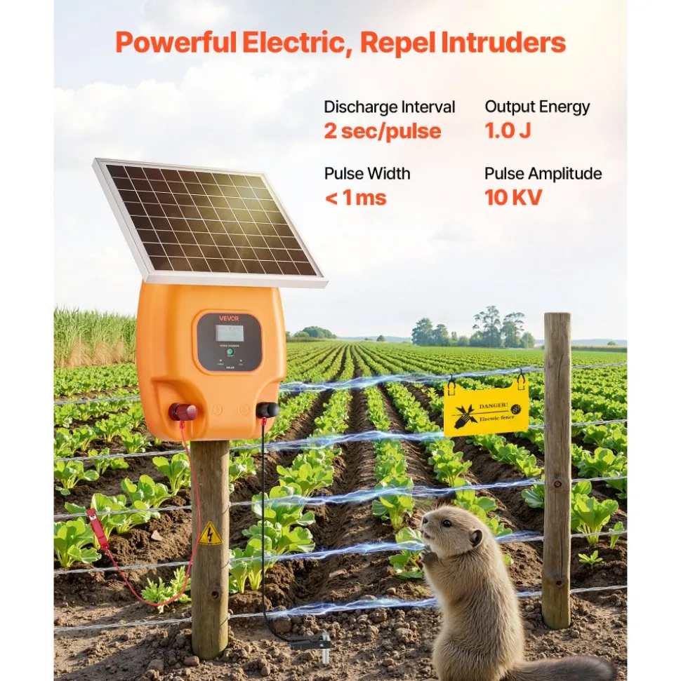 VEVOR Solar Fence Charger, 1J 10kV Solar Powered Fence Charger, 1.86 Miles Range, Electric Fence Energizer Kit, Keep Out Predators, 3 Days Runtime, for Livestock, Poultry, Garden Protection