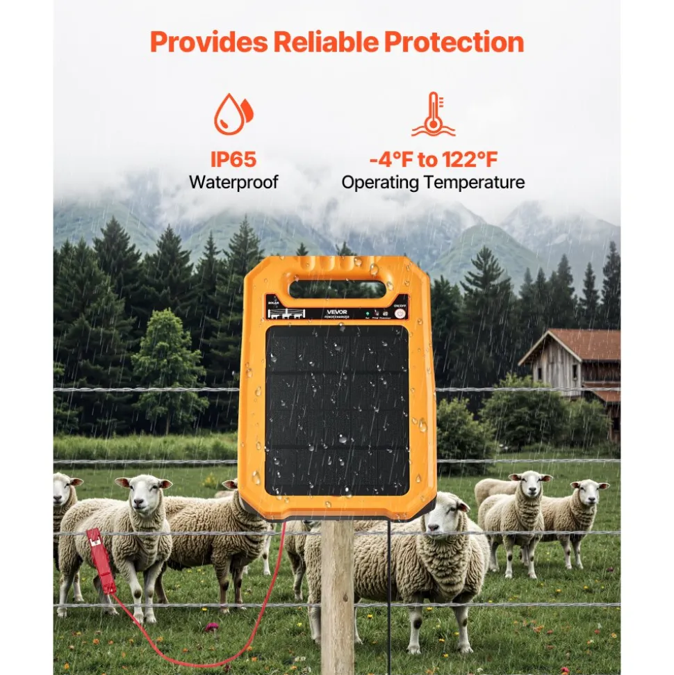 VEVOR Solar Fence Charger, 0.3J 8 kV Solar Powered Fence Charger, 1.86 Miles Range, Weather-Resistant Electric Fence Energizer Kit, 7 Days Runtime, for Livestock, Poultry, Garden Protection