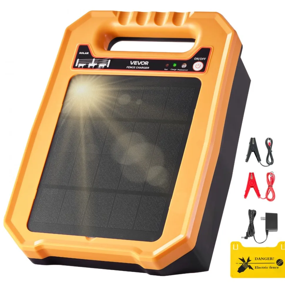 VEVOR Solar Fence Charger, 0.3J 8 kV Solar Powered Fence Charger, 1.86 Miles Range, Weather-Resistant Electric Fence Energizer Kit, 7 Days Runtime, for Livestock, Poultry, Garden Protection