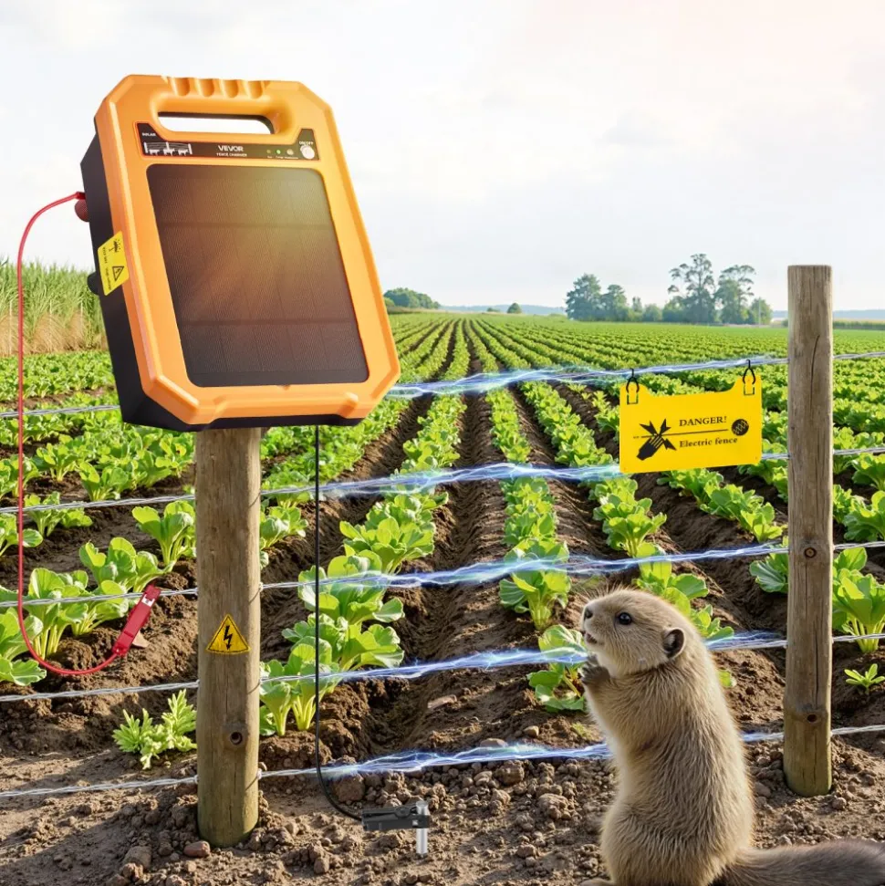 VEVOR Solar Fence Charger, 0.3J 8 kV Solar Powered Fence Charger, 1.86 Miles Range, Weather-Resistant Electric Fence Energizer Kit, 7 Days Runtime, for Livestock, Poultry, Garden Protection