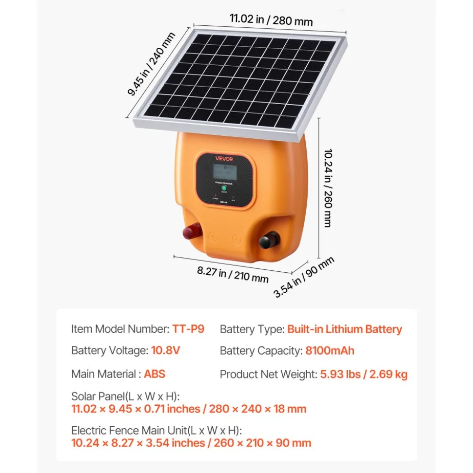 VEVOR Solar Fence Charger, 0.6J 8kV Solar Powered Fence Charger, 1.86 Miles Range, Electric Fence Energizer Kit, Keep Out Predators, 4-5 Days Runtime, for Livestock, Poultry, Garden Protection