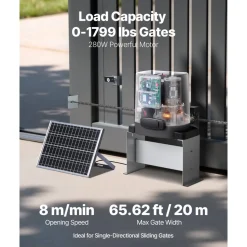 VEVOR Solar Gate Opener, 280W Electric Gate Opener for Doors up to 65.6ft 1799lbs, Chain Drive Sliding Fence Door Motor with Infrared Sensor & 2 Remote Controls, Driveway Gates Opening System