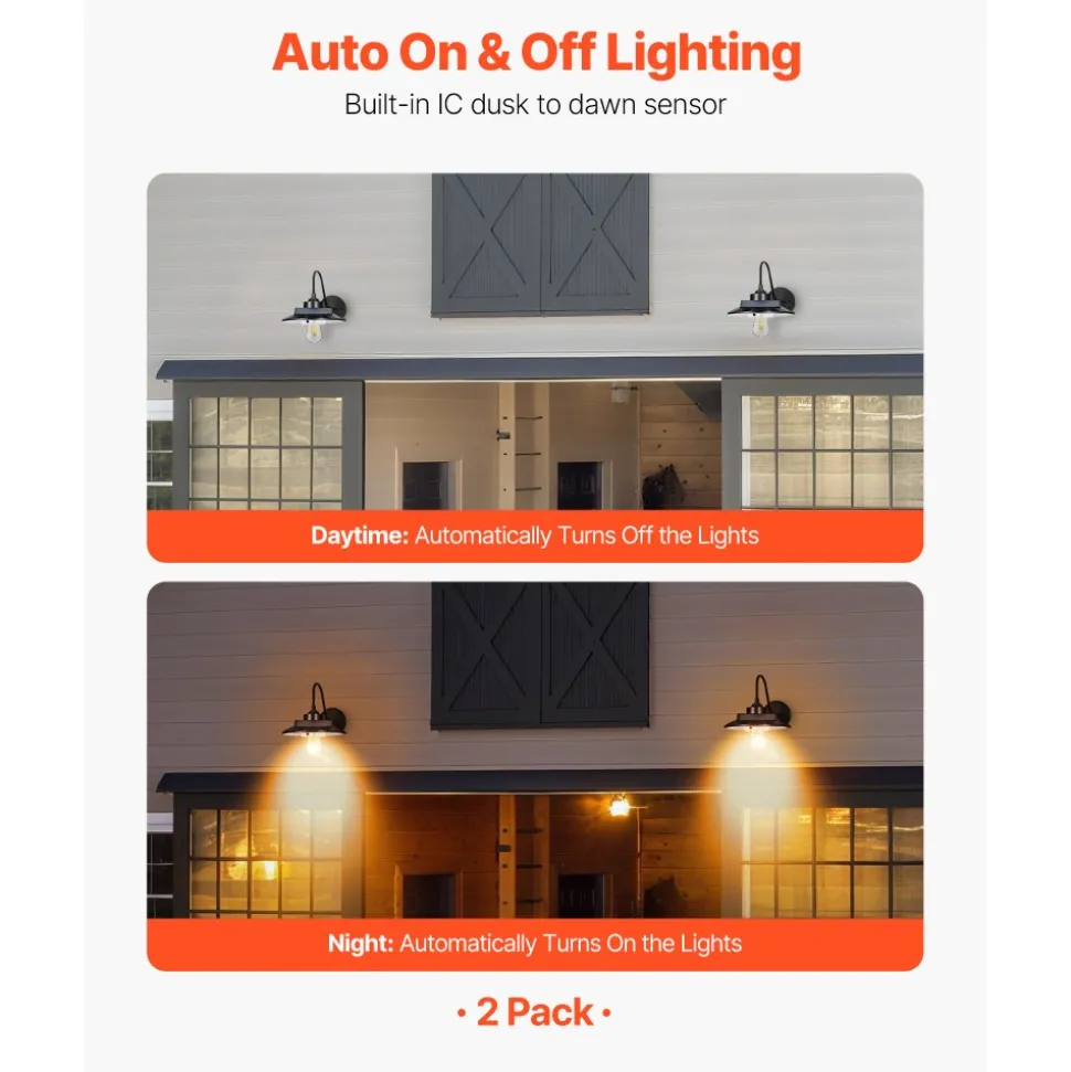 VEVOR Solar Outdoor Barn Light, 3 Lighting Modes and Motion Sensor, 2-Pack Gooseneck Light Fixture, Farmhouse Wall Sconce, with E27 Bulb Compatible, Waterproof for Porch, House, Entryway, Garage, Black
