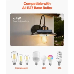 VEVOR Solar Outdoor Barn Light, 3 Lighting Modes and Motion Sensor, 2-Pack Gooseneck Light Fixture, Farmhouse Wall Sconce, with E27 Bulb Compatible, Waterproof for Porch, House, Entryway, Garage, Black