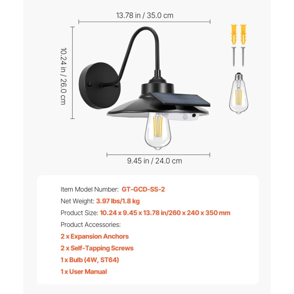 VEVOR Solar Outdoor Barn Light, 3 Lighting Modes and Motion Sensor, 2-Pack Gooseneck Light Fixture, Farmhouse Wall Sconce, with E27 Bulb Compatible, Waterproof for Porch, House, Entryway, Garage, Black