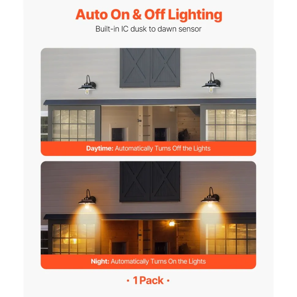 VEVOR Solar Outdoor Barn Light, 3 Lighting Modes and Motion Sensor, 1-Pack Gooseneck Light Fixture,Farmhouse Wall Sconce, with E26 Bulb Compatible, Waterproof for Porch, House, Entryway, Garage, Black