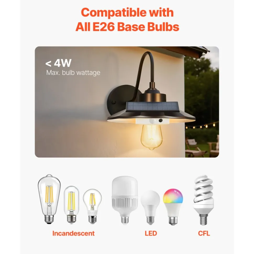 VEVOR Solar Outdoor Barn Light, 3 Lighting Modes and Motion Sensor, 1-Pack Gooseneck Light Fixture,Farmhouse Wall Sconce, with E26 Bulb Compatible, Waterproof for Porch, House, Entryway, Garage, Black