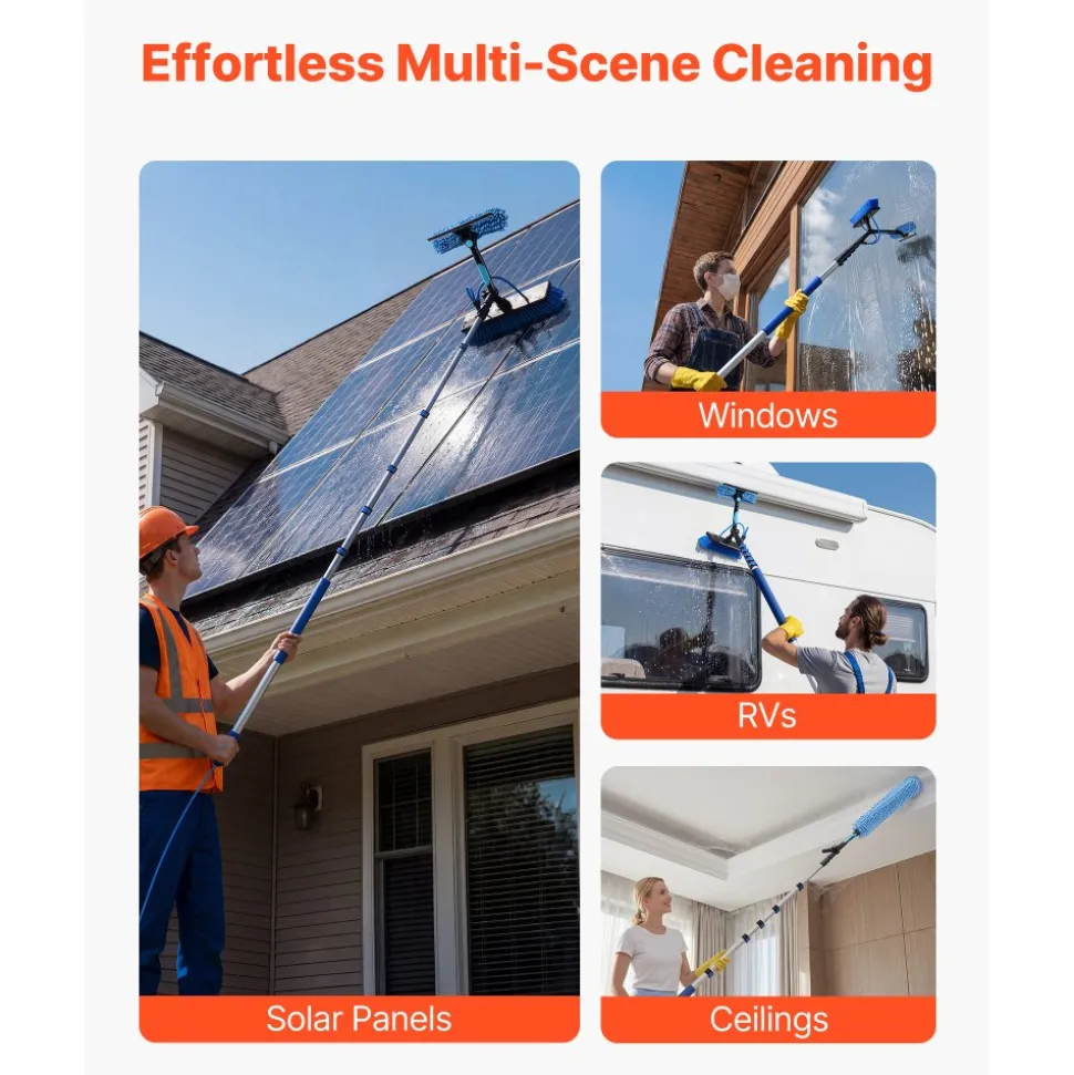 VEVOR Solar Panel Cleaning Kit, 15 ft, Water Fed Pole Kit with Cleaning Brush, Squeegee, Soap Dispenser, Extendable Aluminum Telescopic Pole, 180° Rotatable Brush Head, for Roof Mounted Solar Panels
