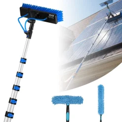 VEVOR Solar Panel Cleaning Kit, 15 ft, Water Fed Pole Kit with Cleaning Brush, Squeegee, Soap Dispenser, Extendable Aluminum Telescopic Pole, 180° Rotatable Brush Head, for Roof Mounted Solar Panels