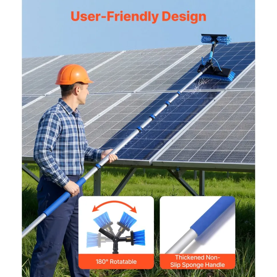 VEVOR Solar Panel Cleaning Kit, 15 ft, Water Fed Pole Kit with Cleaning Brush, Squeegee, Soap Dispenser, Extendable Aluminum Telescopic Pole, 180° Rotatable Brush Head, for Roof Mounted Solar Panels