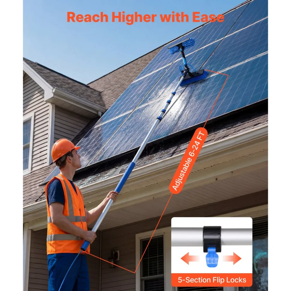 VEVOR Solar Panel Cleaning Kit, 39 ft, Water Fed Pole Kit with Cleaning Brush, Soap Dispenser, Extendable Aluminum Telescopic Pole, 180° Rotatable Brush Head, for Roof Mounted Solar Panels, Windows