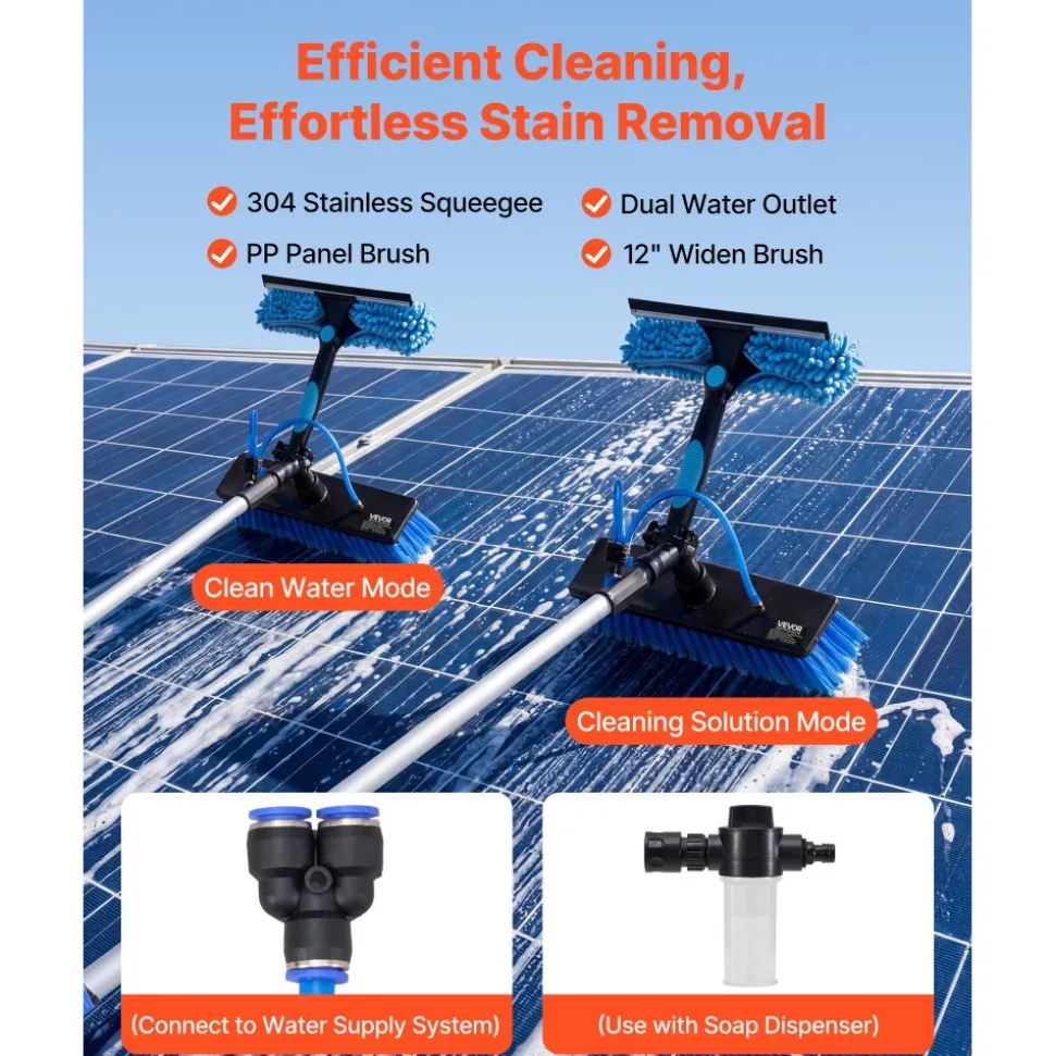VEVOR Solar Panel Cleaning Kit, 39 ft, Water Fed Pole Kit with Cleaning Brush, Soap Dispenser, Extendable Aluminum Telescopic Pole, 180° Rotatable Brush Head, for Roof Mounted Solar Panels, Windows