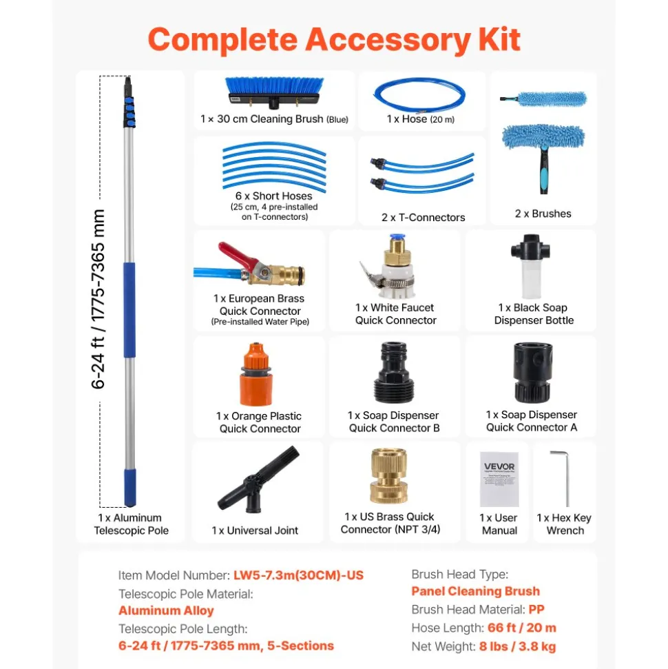 VEVOR Solar Panel Cleaning Kit, 39 ft, Water Fed Pole Kit with Cleaning Brush, Soap Dispenser, Extendable Aluminum Telescopic Pole, 180° Rotatable Brush Head, for Roof Mounted Solar Panels, Windows