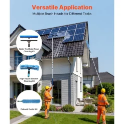 VEVOR Solar Panel Cleaning Kit, 26 ft, Water Fed Pole Kit with Cleaning Brush, Squeegee, Soap Dispenser, Extendable Aluminum Telescopic Pole, 180° Rotatable Brush Head, for Roof Mounted Solar Panels