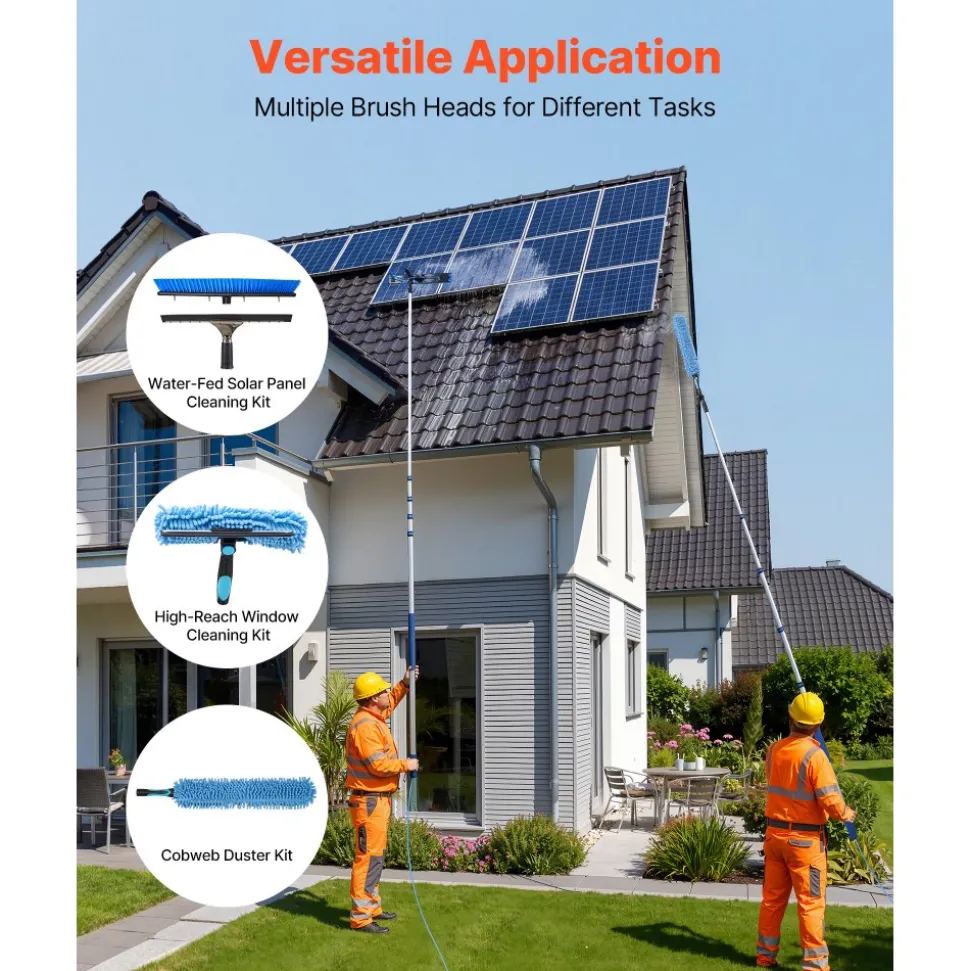 VEVOR Solar Panel Cleaning Kit, 26 ft, Water Fed Pole Kit with Cleaning Brush, Squeegee, Soap Dispenser, Extendable Aluminum Telescopic Pole, 180° Rotatable Brush Head, for Roof Mounted Solar Panels