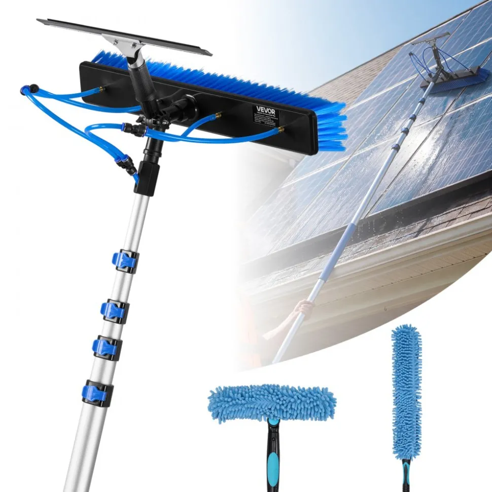 VEVOR Solar Panel Cleaning Kit, 26 ft, Water Fed Pole Kit with Cleaning Brush, Squeegee, Soap Dispenser, Extendable Aluminum Telescopic Pole, 180° Rotatable Brush Head, for Roof Mounted Solar Panels