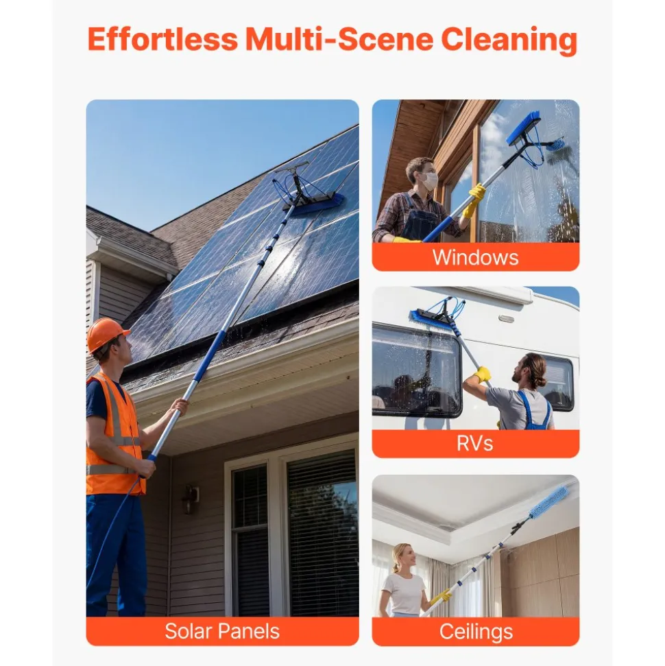 VEVOR Solar Panel Cleaning Kit, 26 ft, Water Fed Pole Kit with Cleaning Brush, Squeegee, Soap Dispenser, Extendable Aluminum Telescopic Pole, 180° Rotatable Brush Head, for Roof Mounted Solar Panels