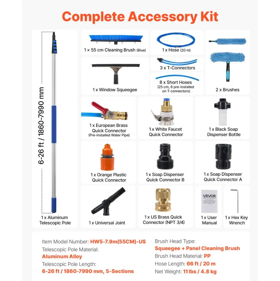 VEVOR Solar Panel Cleaning Kit, 26 ft, Water Fed Pole Kit with Cleaning Brush, Squeegee, Soap Dispenser, Extendable Aluminum Telescopic Pole, 180° Rotatable Brush Head, for Roof Mounted Solar Panels