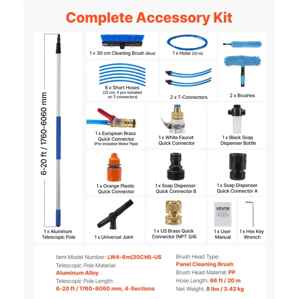 VEVOR Solar Panel Cleaning Kit, 20 ft, Water Fed Pole Kit with Cleaning Brush, Soap Dispenser, Extendable Aluminum Telescopic Pole, 180° Rotatable Brush Head, for Roof Mounted Solar Panels, Windows