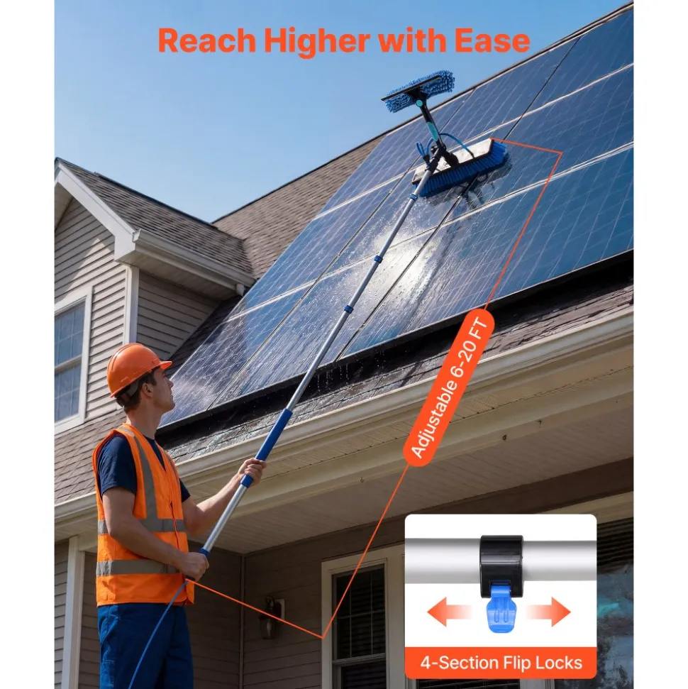 VEVOR Solar Panel Cleaning Kit, 20 ft, Water Fed Pole Kit with Cleaning Brush, Soap Dispenser, Extendable Aluminum Telescopic Pole, 180° Rotatable Brush Head, for Roof Mounted Solar Panels, Windows