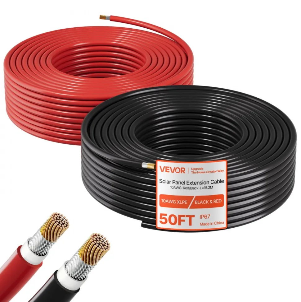 VEVOR Solar Panel Wire, 50 ft Black + 50 ft Red Kit, 10 AWG (6 mm²) Solar Panel Extension Cable, PV Tinned Copper Wire, for Outdoor Home Off-Grid Photovoltaic Systems Automotive RV Boat Marine, IP67