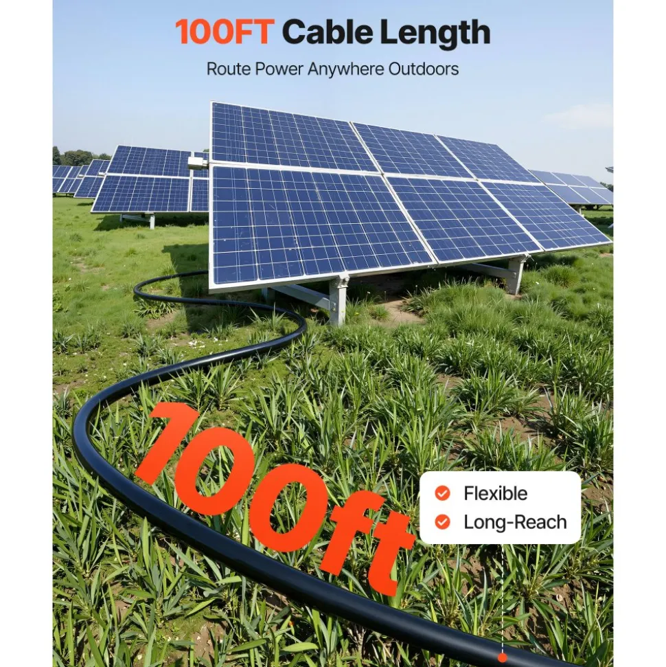 VEVOR Solar Panel Wire, 100 ft Black + 100 ft Red Kit, 10 AWG (6 mm²) Solar Panel Extension Cable, PV Tinned Copper Wire, for Outdoor Home Off-Grid Photovoltaic Systems Automotive RV Boat Marine, IP67