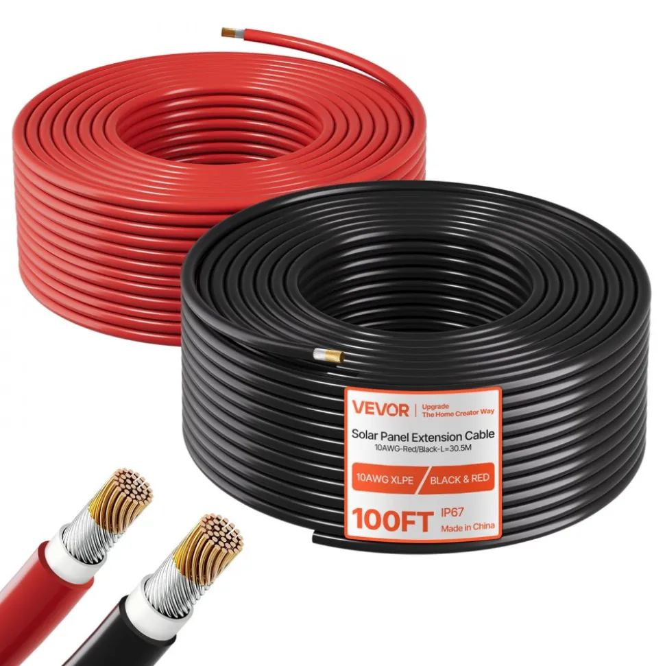 VEVOR Solar Panel Wire, 100 ft Black + 100 ft Red Kit, 10 AWG (6 mm²) Solar Panel Extension Cable, PV Tinned Copper Wire, for Outdoor Home Off-Grid Photovoltaic Systems Automotive RV Boat Marine, IP67