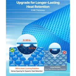 VEVOR Solar Pool Cover, 24 ft Round Pool Bubble Cover, 8 Mil Pools Solar Blanket with Bubble & PE Material, Daytime Heat Absorption, Nighttime Heat Retention, Heat Retaining Solars Covers, Blue