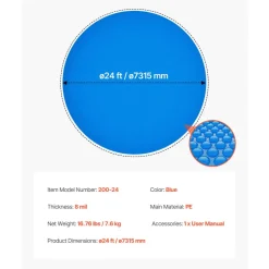 VEVOR Solar Pool Cover, 24 ft Round Pool Bubble Cover, 8 Mil Pools Solar Blanket with Bubble & PE Material, Daytime Heat Absorption, Nighttime Heat Retention, Heat Retaining Solars Covers, Blue