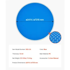 VEVOR Solar Pool Cover, 24 ft Round Pool Bubble Cover, 12 Mil Pools Solar Blanket with Bubble & PE Material, Daytime Heat Absorption, Nighttime Heat Retention, Heat Retaining Solars Covers, Blue